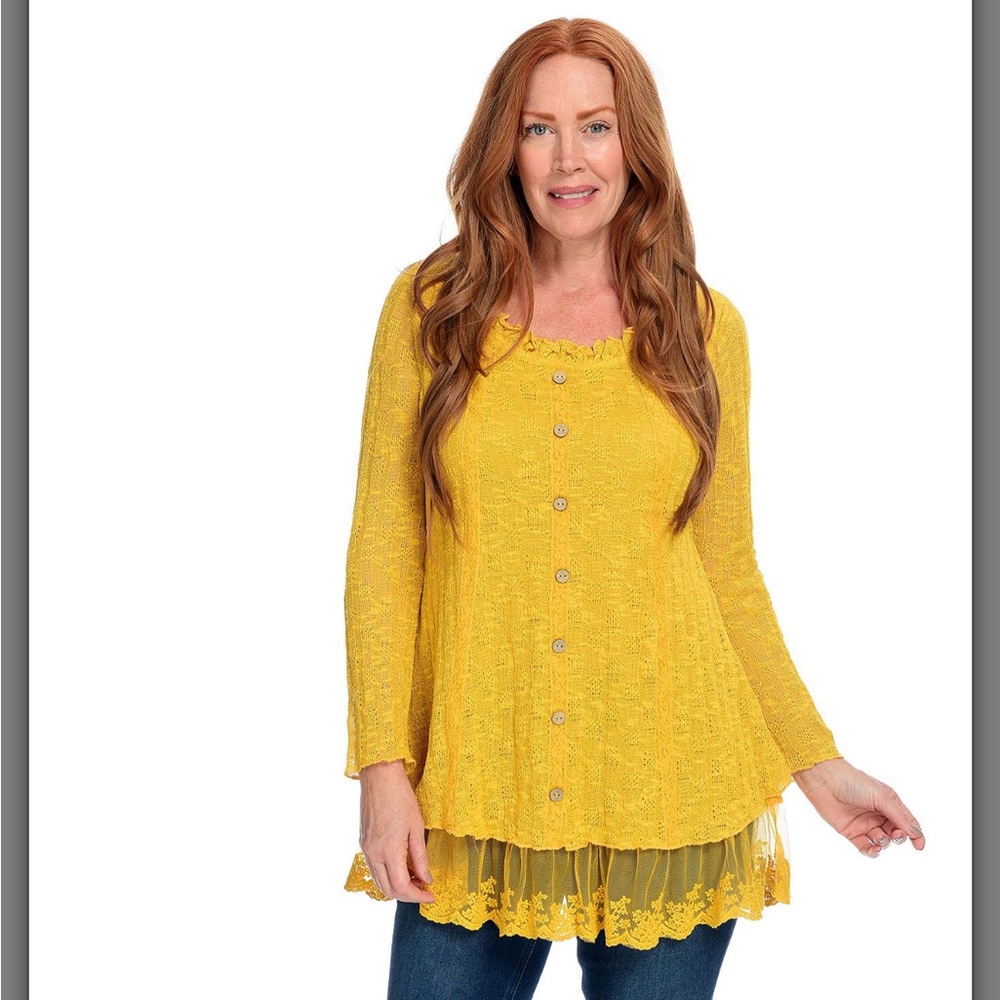 Women’s OSO Casuals Mustard Knit & Crochet Mesh
Long Sleeve Button Front Tunic